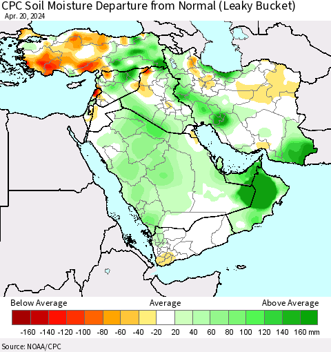 Middle East and Turkey CPC Soil Moisture Departure from Normal (Leaky Bucket) Thematic Map For 4/16/2024 - 4/20/2024
