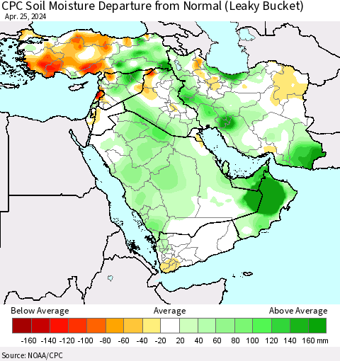 Middle East and Turkey CPC Soil Moisture Departure from Normal (Leaky Bucket) Thematic Map For 4/21/2024 - 4/25/2024