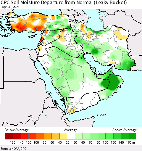 Middle East and Turkey CPC Soil Moisture Departure from Normal (Leaky Bucket) Thematic Map For 4/26/2024 - 4/30/2024