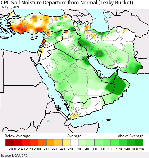 Middle East and Turkey CPC Soil Moisture Departure from Normal (Leaky Bucket) Thematic Map For 5/1/2024 - 5/5/2024