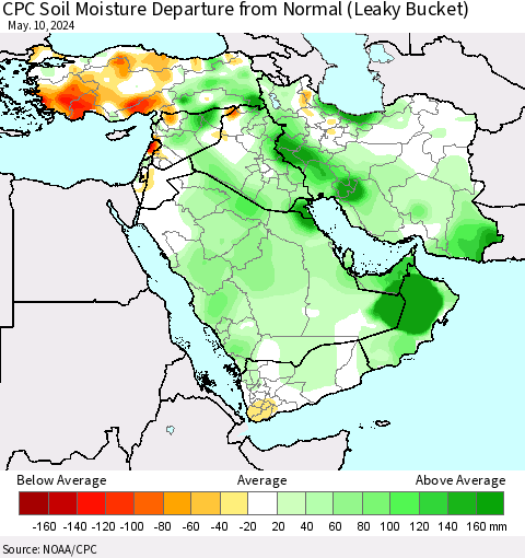 Middle East and Turkey CPC Soil Moisture Departure from Normal (Leaky Bucket) Thematic Map For 5/6/2024 - 5/10/2024