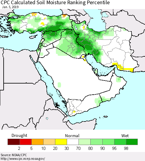 Middle East and Turkey CPC Soil Moisture Ranking Percentile (Leaky Bucket) Thematic Map For 1/1/2019 - 1/5/2019