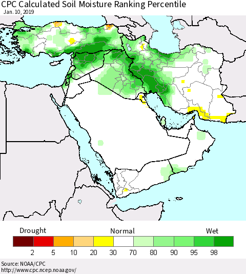 Middle East and Turkey CPC Soil Moisture Ranking Percentile (Leaky Bucket) Thematic Map For 1/6/2019 - 1/10/2019