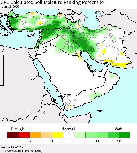 Middle East and Turkey CPC Soil Moisture Ranking Percentile (Leaky Bucket) Thematic Map For 1/11/2019 - 1/15/2019
