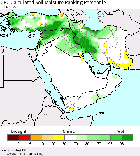 Middle East and Turkey CPC Soil Moisture Ranking Percentile (Leaky Bucket) Thematic Map For 1/16/2019 - 1/20/2019