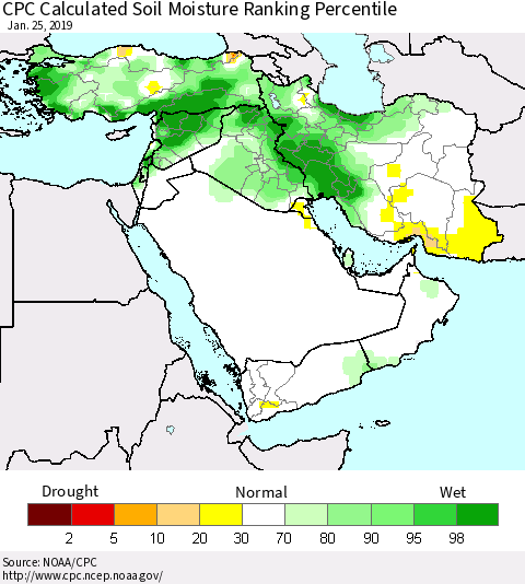 Middle East and Turkey CPC Soil Moisture Ranking Percentile (Leaky Bucket) Thematic Map For 1/21/2019 - 1/25/2019