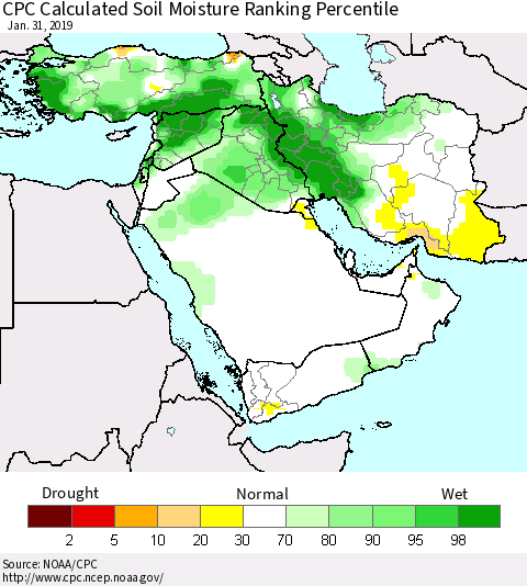 Middle East and Turkey CPC Soil Moisture Ranking Percentile (Leaky Bucket) Thematic Map For 1/26/2019 - 1/31/2019