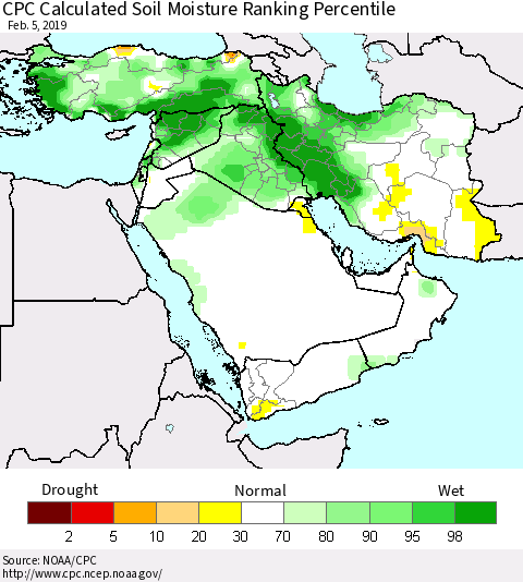 Middle East and Turkey CPC Soil Moisture Ranking Percentile (Leaky Bucket) Thematic Map For 2/1/2019 - 2/5/2019