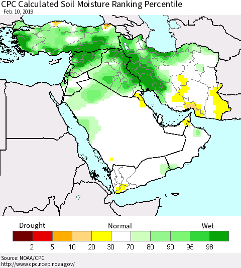 Middle East and Turkey CPC Soil Moisture Ranking Percentile (Leaky Bucket) Thematic Map For 2/6/2019 - 2/10/2019