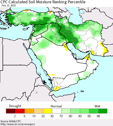 Middle East and Turkey CPC Soil Moisture Ranking Percentile (Leaky Bucket) Thematic Map For 2/11/2019 - 2/15/2019