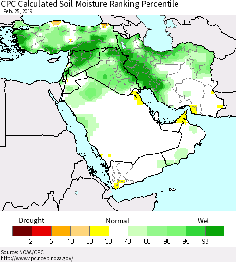 Middle East and Turkey CPC Soil Moisture Ranking Percentile (Leaky Bucket) Thematic Map For 2/21/2019 - 2/25/2019