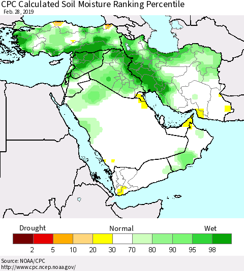 Middle East and Turkey CPC Soil Moisture Ranking Percentile (Leaky Bucket) Thematic Map For 2/26/2019 - 2/28/2019
