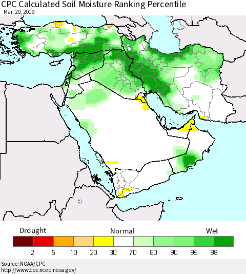 Middle East and Turkey CPC Soil Moisture Ranking Percentile (Leaky Bucket) Thematic Map For 3/16/2019 - 3/20/2019