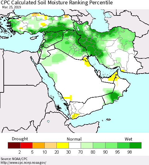 Middle East and Turkey CPC Soil Moisture Ranking Percentile (Leaky Bucket) Thematic Map For 3/21/2019 - 3/25/2019