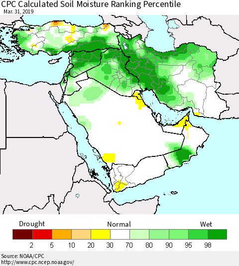 Middle East and Turkey CPC Soil Moisture Ranking Percentile (Leaky Bucket) Thematic Map For 3/26/2019 - 3/31/2019