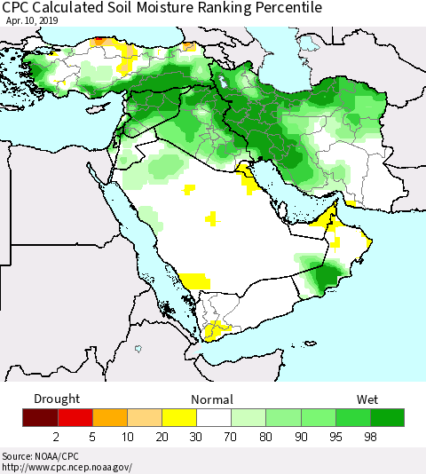 Middle East and Turkey CPC Soil Moisture Ranking Percentile (Leaky Bucket) Thematic Map For 4/6/2019 - 4/10/2019