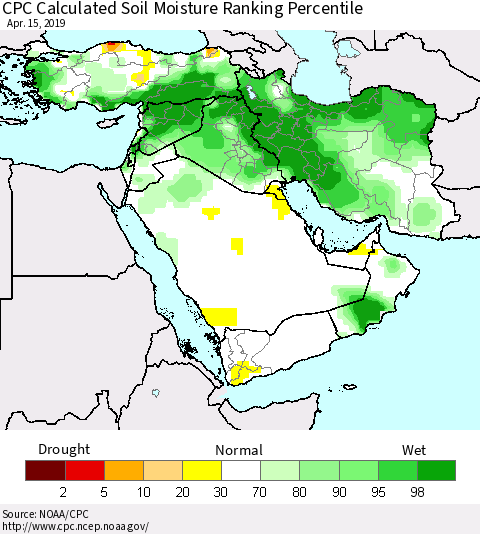 Middle East and Turkey CPC Soil Moisture Ranking Percentile (Leaky Bucket) Thematic Map For 4/11/2019 - 4/15/2019