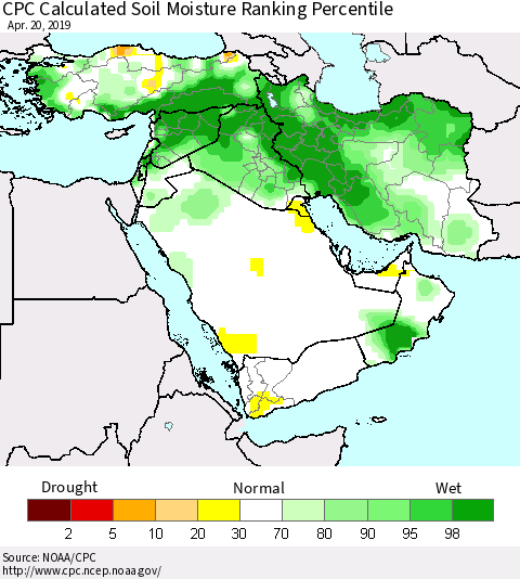 Middle East and Turkey CPC Soil Moisture Ranking Percentile (Leaky Bucket) Thematic Map For 4/16/2019 - 4/20/2019
