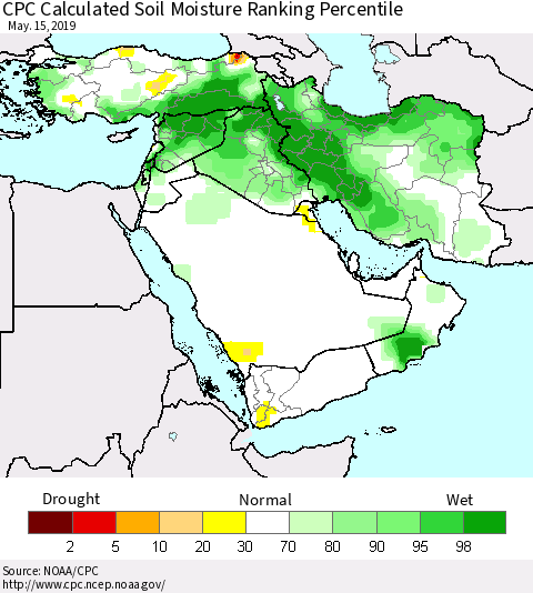 Middle East and Turkey CPC Soil Moisture Ranking Percentile (Leaky Bucket) Thematic Map For 5/11/2019 - 5/15/2019