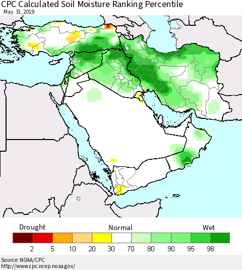 Middle East and Turkey CPC Soil Moisture Ranking Percentile (Leaky Bucket) Thematic Map For 5/26/2019 - 5/31/2019