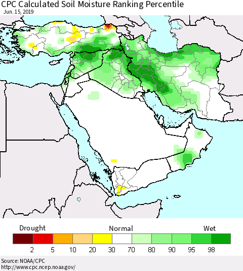 Middle East and Turkey CPC Soil Moisture Ranking Percentile (Leaky Bucket) Thematic Map For 6/11/2019 - 6/15/2019