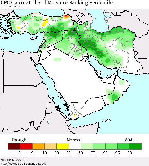 Middle East and Turkey CPC Soil Moisture Ranking Percentile (Leaky Bucket) Thematic Map For 6/16/2019 - 6/20/2019