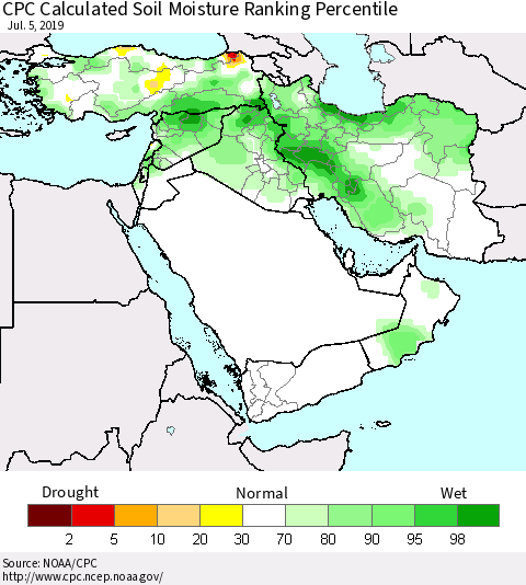 Middle East and Turkey CPC Soil Moisture Ranking Percentile (Leaky Bucket) Thematic Map For 7/1/2019 - 7/5/2019