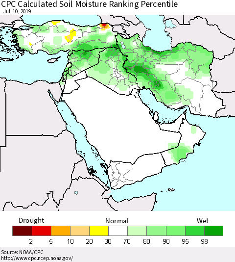 Middle East and Turkey CPC Soil Moisture Ranking Percentile (Leaky Bucket) Thematic Map For 7/6/2019 - 7/10/2019