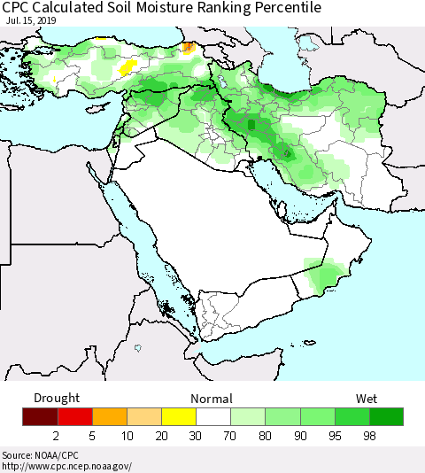 Middle East and Turkey CPC Soil Moisture Ranking Percentile (Leaky Bucket) Thematic Map For 7/11/2019 - 7/15/2019