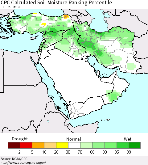 Middle East and Turkey CPC Soil Moisture Ranking Percentile (Leaky Bucket) Thematic Map For 7/21/2019 - 7/25/2019
