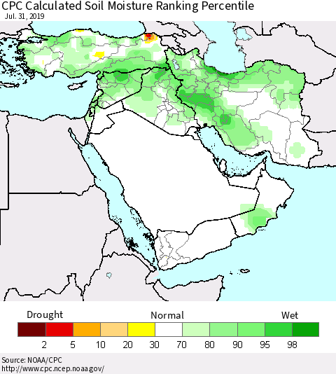 Middle East and Turkey CPC Soil Moisture Ranking Percentile (Leaky Bucket) Thematic Map For 7/26/2019 - 7/31/2019
