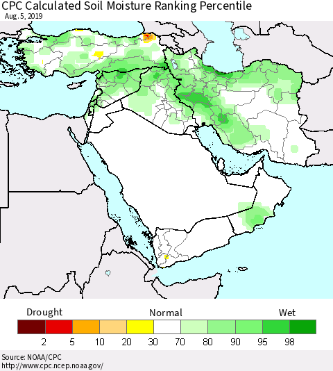 Middle East and Turkey CPC Soil Moisture Ranking Percentile (Leaky Bucket) Thematic Map For 8/1/2019 - 8/5/2019