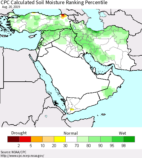 Middle East and Turkey CPC Soil Moisture Ranking Percentile (Leaky Bucket) Thematic Map For 8/16/2019 - 8/20/2019