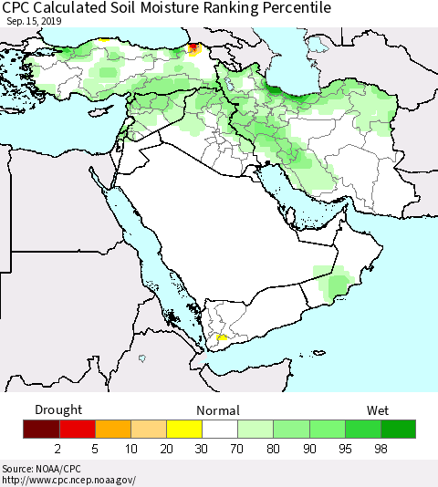 Middle East and Turkey CPC Soil Moisture Ranking Percentile (Leaky Bucket) Thematic Map For 9/11/2019 - 9/15/2019