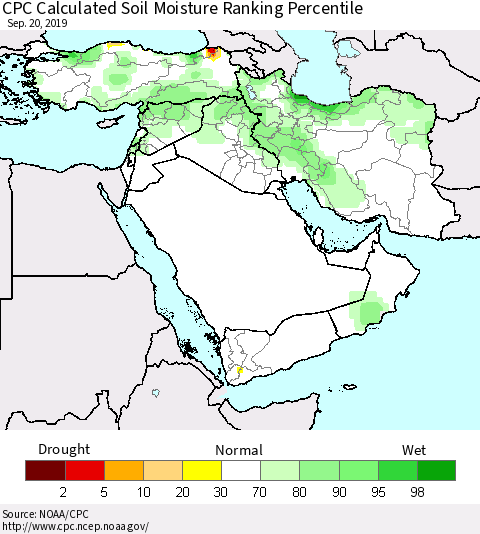 Middle East and Turkey CPC Soil Moisture Ranking Percentile (Leaky Bucket) Thematic Map For 9/16/2019 - 9/20/2019