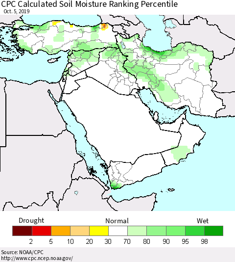 Middle East and Turkey CPC Soil Moisture Ranking Percentile (Leaky Bucket) Thematic Map For 10/1/2019 - 10/5/2019