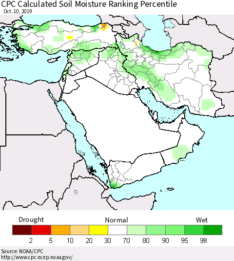 Middle East and Turkey CPC Soil Moisture Ranking Percentile (Leaky Bucket) Thematic Map For 10/6/2019 - 10/10/2019