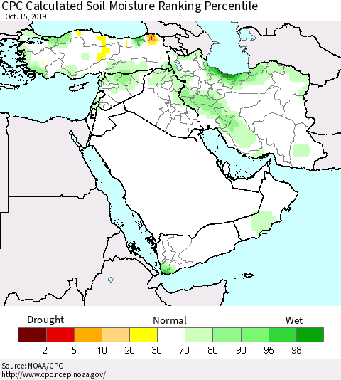 Middle East and Turkey CPC Soil Moisture Ranking Percentile (Leaky Bucket) Thematic Map For 10/11/2019 - 10/15/2019