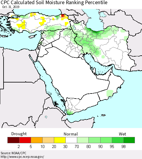 Middle East and Turkey CPC Soil Moisture Ranking Percentile (Leaky Bucket) Thematic Map For 10/26/2019 - 10/31/2019