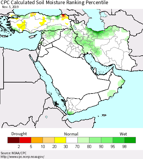 Middle East and Turkey CPC Soil Moisture Ranking Percentile (Leaky Bucket) Thematic Map For 11/1/2019 - 11/5/2019