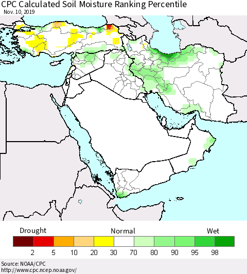 Middle East and Turkey CPC Soil Moisture Ranking Percentile (Leaky Bucket) Thematic Map For 11/6/2019 - 11/10/2019