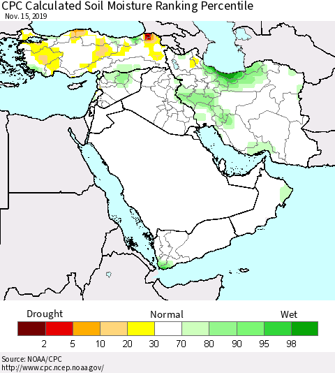 Middle East and Turkey CPC Soil Moisture Ranking Percentile (Leaky Bucket) Thematic Map For 11/11/2019 - 11/15/2019