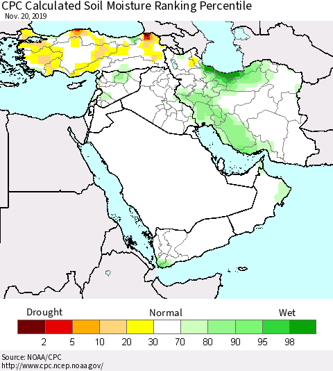 Middle East and Turkey CPC Soil Moisture Ranking Percentile (Leaky Bucket) Thematic Map For 11/16/2019 - 11/20/2019