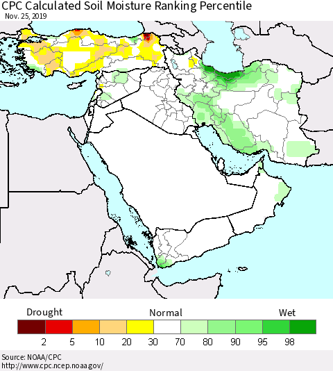 Middle East and Turkey CPC Soil Moisture Ranking Percentile (Leaky Bucket) Thematic Map For 11/21/2019 - 11/25/2019
