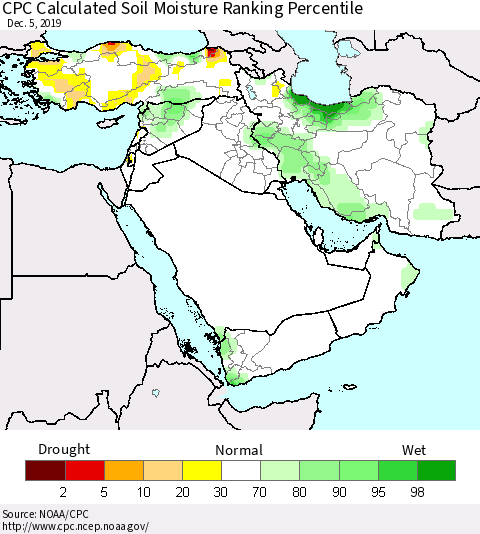 Middle East and Turkey CPC Soil Moisture Ranking Percentile (Leaky Bucket) Thematic Map For 12/1/2019 - 12/5/2019