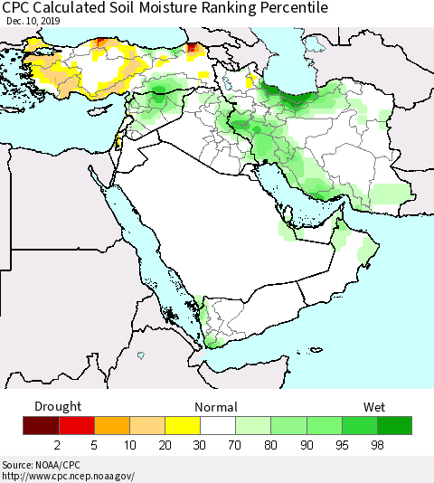 Middle East and Turkey CPC Soil Moisture Ranking Percentile (Leaky Bucket) Thematic Map For 12/6/2019 - 12/10/2019