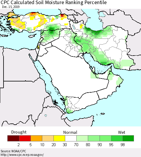 Middle East and Turkey CPC Soil Moisture Ranking Percentile (Leaky Bucket) Thematic Map For 12/11/2019 - 12/15/2019