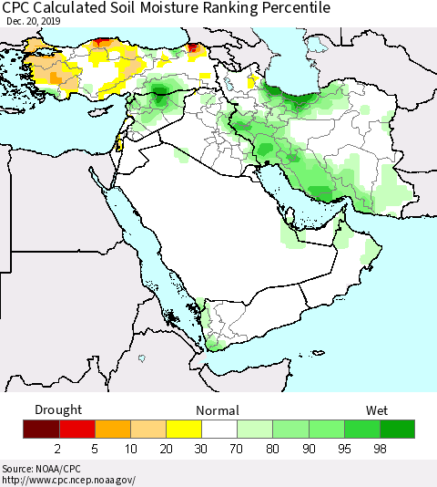 Middle East and Turkey CPC Soil Moisture Ranking Percentile (Leaky Bucket) Thematic Map For 12/16/2019 - 12/20/2019