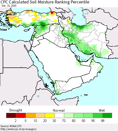 Middle East and Turkey CPC Soil Moisture Ranking Percentile (Leaky Bucket) Thematic Map For 12/26/2019 - 12/31/2019