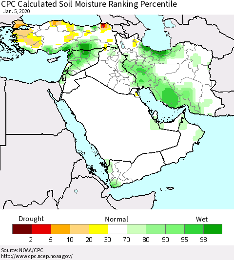 Middle East and Turkey CPC Soil Moisture Ranking Percentile (Leaky Bucket) Thematic Map For 1/1/2020 - 1/5/2020